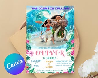 Convite de aniversário editável Baby Moana | Convite de aniversário imprimível Baby Moana | Modelo de festa infantil | Convite no Canva | Download instantâneo
