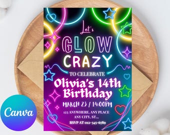 Neon Lights Birthday Invite, Lets Party invitation, Glow Party, Neon Birthday Invitation, Editable Digital Canva Template, Custom Text