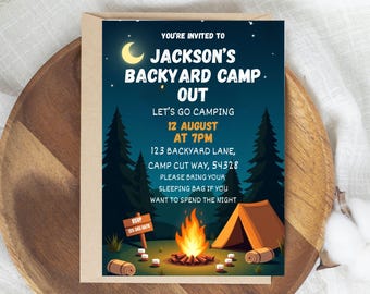 Editable Camping Birthday Invitation| Camping Party Invite| Backyard Camping Invite|Campfire Party|Adventure Forest Camp Birthday Invitation