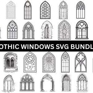 May include: A selection of black and white Gothic window designs in diverse shapes and styles. The image features arched, pointed, and circular window patterns, with the text "GOTHIC WINDOWS SVG BUNDLE" in the centre.