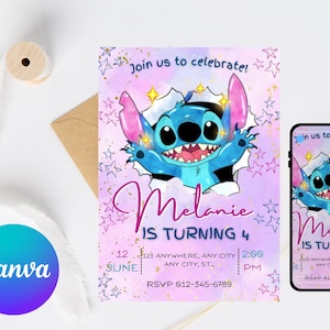 Stitch Birthday Invitation | Editable & Printable Template | Cute Stitch Party Invite | Canva Template | Instant Download