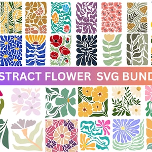 以下が含まれることがあります： 長方形の形をした、カラフルな抽象的な花の模様のコレクション。赤、青、黄、緑、紫の色合いで、さまざまな花や葉がデザインされています。「ABSTRACT FLOWER SVG BUNDLE」というテキストが画像全体に表示されています。