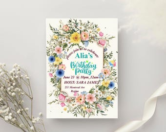 Invitación de cumpleaños floral editable / Invitación de cumpleaños con flores silvestres / Invitación de fiesta de cumpleaños floral para niña / Invitación a fiesta en el jardín / Invitación de flores bohemias