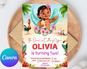 編集可能なベビーモアナの誕生日招待状 | 印刷可能なベビーモアナの誕生日招待状 | キッズパーティーテンプレート | Canvaで招待状 | すぐにダウンロード