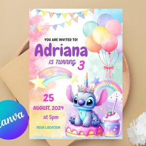 Stitch and Angel Birthday Invitation, Editable & Printable Template , Beautiful Invitation for Your Little One's Birthday, Editable in Canva