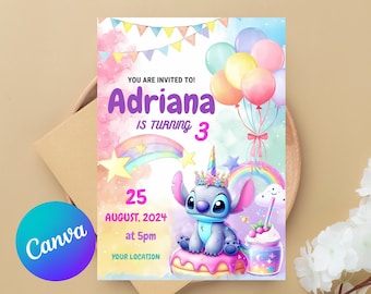 Stitch and Angel Birthday Invitation, Editable & Printable Template , Beautiful Invitation for Your Little One&#39;s Birthday, Editable in Canva