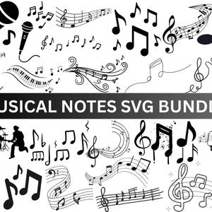 Puede incluir: Una colección de elementos musicales en blanco y negro, incluyendo notas, claves de sol, micrófonos y siluetas de músicos. El texto "MUSICAL NOTES SVG BUNDLE" se muestra en la imagen.