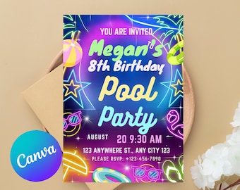 Editable pool party invitation, Glow neon invite, Tropical tie dye birthday pool party invitation swimming party instant download