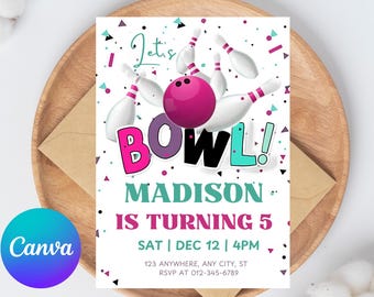 May include: A colourful birthday party invitation with a bowling theme. The invitation features a pink bowling ball and white bowling pins with pink and white stripes. The text on the invitation reads "Let's Bowl!" and "Madison is turning 5". The date and time of the party are also included: "Sat | Dec 12 | 4pm".