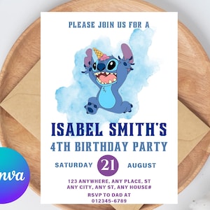 Stitch Editable Birthday Invitation Template, Printable Birthday Party Invitations, Digital Kids Party Invite, Digital Bday Card Invite