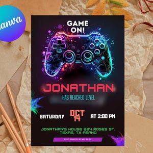Gamer Truck Party Einladung, bearbeitbare Videospiel Gaming Bus Geburtstagseinladungskarte, digital druckbare Einladung, bearbeitbare Canva, grünes Leuchten
