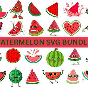 Pode incluir: Uma coleção de gráficos SVG com tema de melancia. As imagens incluem melancias inteiras, fatias e personagens de desenhos animados com óculos de sol e rostos sorridentes. O texto "WATERMELON SVG BUNDLE" é exibido em uma faixa vermelha.