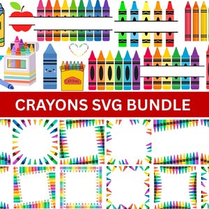Puede incluir: Un colorido paquete SVG con varios diseños de crayones. La imagen incluye crayones individuales, cajas de crayones y bordes decorativos hechos de crayones. El texto "CRAYONS SVG BUNDLE" se muestra en negrita, en blanco sobre una pancarta roja.