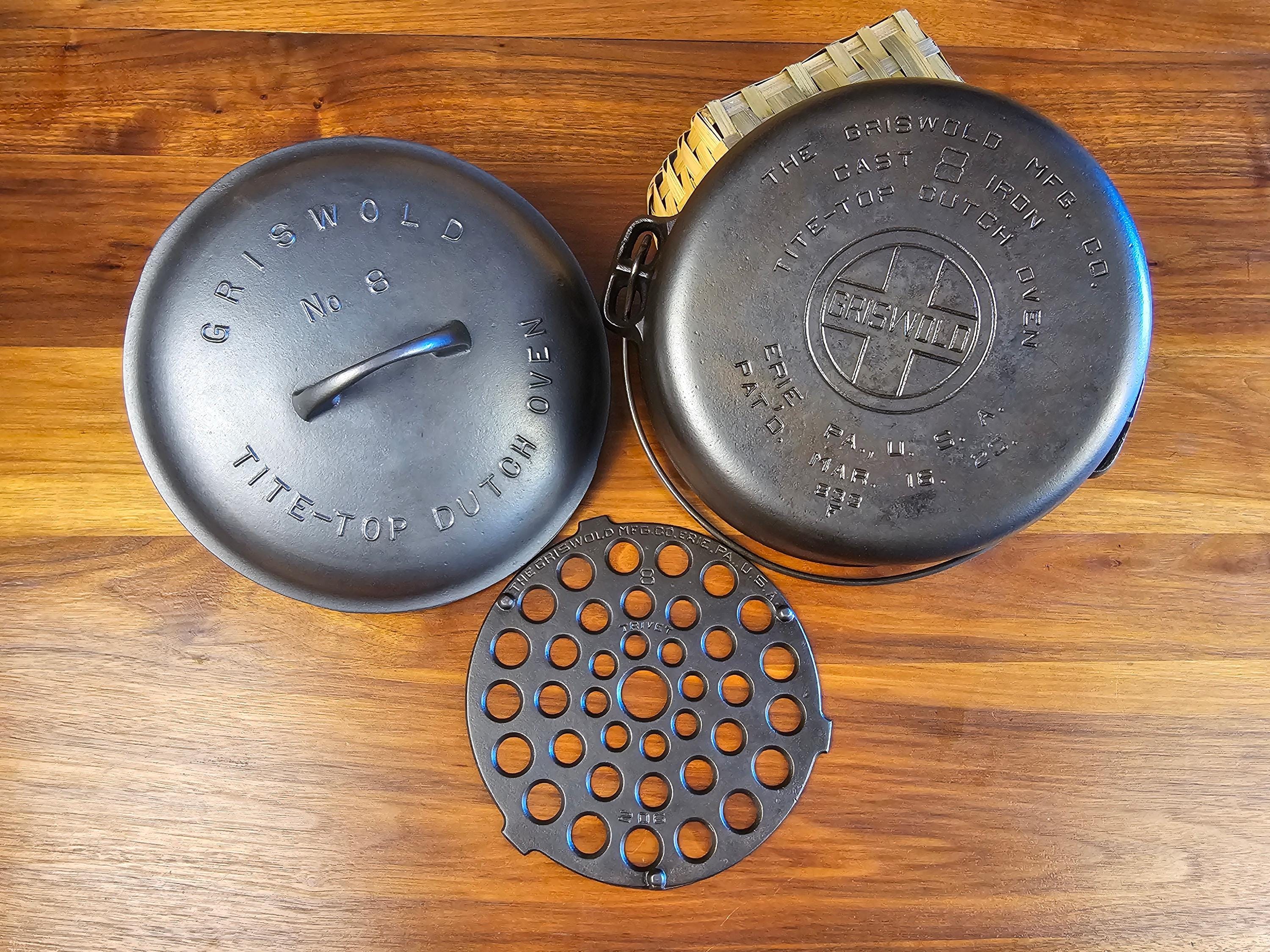 Griswold - #8 - Tite-Top Cast Iron Dutch Oven - {3 Peices: Dutch Oven, Trivet, Lid} - (Large Block Logo) - [Fully Restored]