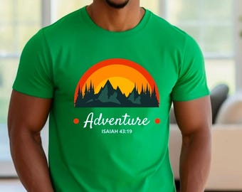 Adventure Sunset Mountains Tee | Retro Sunrise Forest Graphic