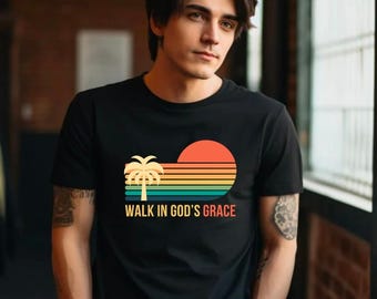 Walk in Gods Grace Tee | Retro Sunset Palm Christian Shirt
