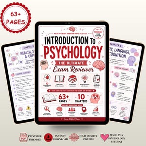 Puede incluir: Una guía de estudio digital titulada Introduction to Psychology: The Ultimate Exam Reviewer, con texto en rojo y negro, ilustraciones de cerebros e iconos sobre un fondo blanco. El documento contiene más de 63 páginas y 10 capítulos.