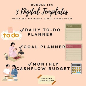 Op de afbeelding: Digitale sjabloonbundel met de tekst "3 Digital Templates". Bevat een dagelijkse to-do planner, doelplanner en maandelijkse cashflow budget. De afbeelding bevat illustraties van een vrouw in kimono, een rekenmachine en de woorden "Instant Download."