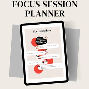 May include: A digital illustration on a tablet screen showing a red circle with a clock inside. The text reads "Focus sessions" and "Optimize your time with the Pomodoro Technique". The steps of the Pomodoro Technique are listed below the circle.