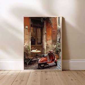 Charming Rome Vespa Print – Rustic Italian Café Scene, Retro Photography, Vintage Europe Decor, Digital Wall Art Download