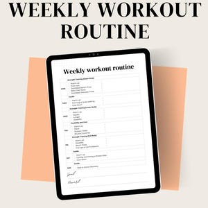 May include: A weekly workout routine planner displayed on a tablet screen. The planner features a schedule for each day of the week, with various workout types, including strength training, cardio, and flexibility. The planner also includes sections for goals and rewards.