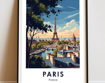 Puede incluir: Una impresión artística enmarcada que presenta una ilustración estilizada de París, Francia. La Torre Eiffel es prominente en el fondo, con tejados y un río en primer plano. La impresión tiene un marco negro y la palabra "PARIS" está impresa en la parte inferior.