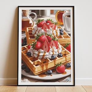 Waffles & Cream Illustration, Cute Breakfast Art Print, Food Lover Wall Decor, Aesthetic Kitchen Poster, Digital or Physical Print