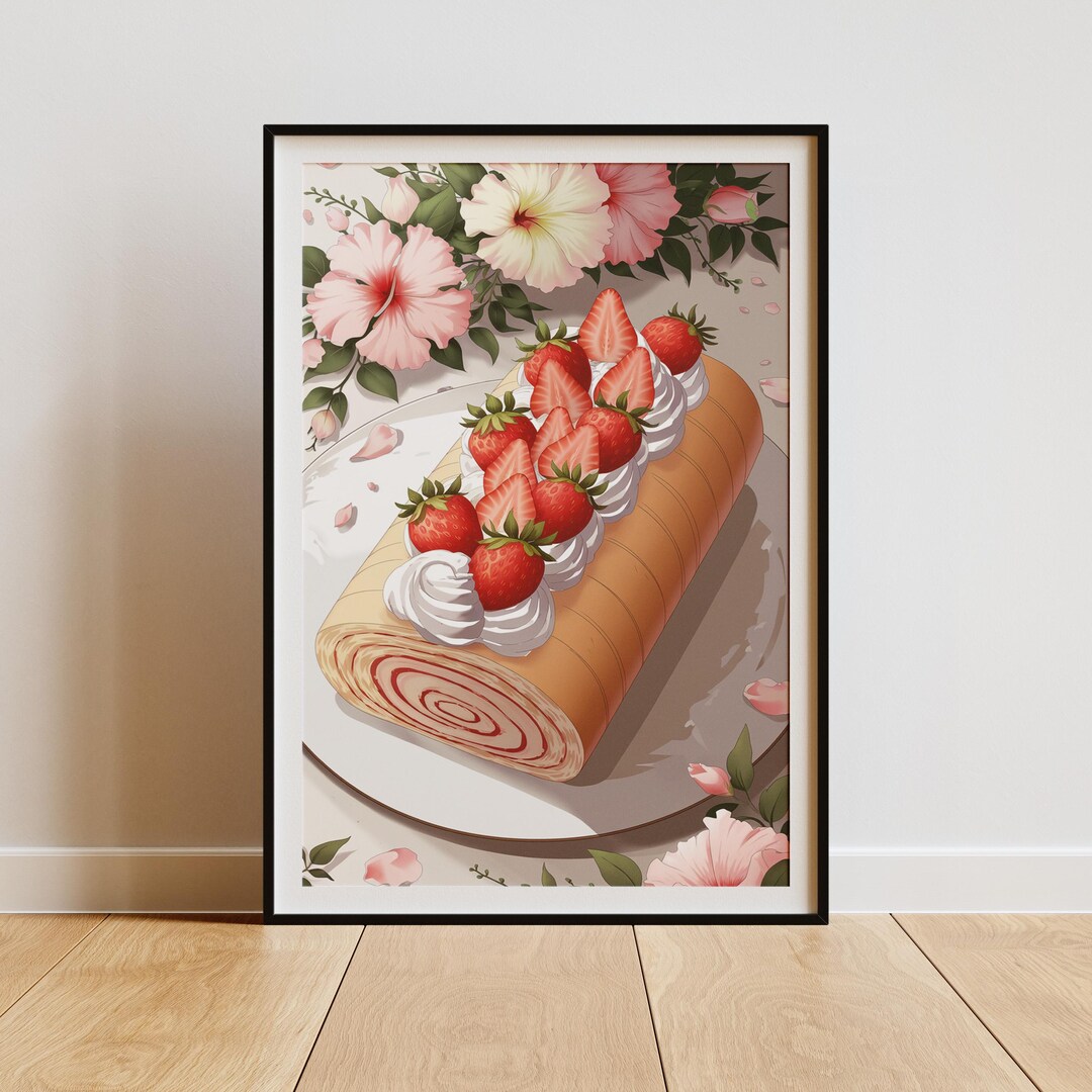 Strawberry Roll Cake Art Print Kawaii Pastel Dessert Illustration Etsy