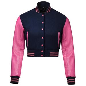 Women’s Cropped Varsity Jacket – Navy Wool Body & Pink Leather Sleeves | Custom Letterman Bomber Jacket | Cropped College Baseball Style