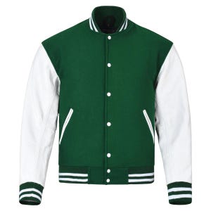 May include: A green and white varsity jacket with a white leather sleeve. The jacket has a button closure and a ribbed collar, cuffs, and hem.