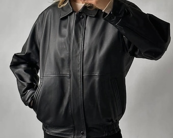Chaqueta de cuero negra de gran tamaño para mujer / Chaqueta bomber vintage de piel de oveja auténtica / Moda urbana retro