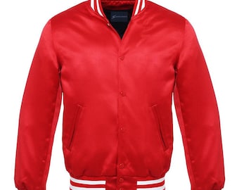 May include: A red satin varsity jacket with white ribbed trim around the collar, cuffs, and hem. The jacket has a button closure and two pockets.