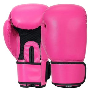 May include: Pair of bright pink boxing gloves. The gloves have a black mesh ventilation area and a black wrist strap. The gloves are made of a smooth material and are designed for protection and performance during training or competition.