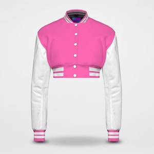 Pink Wool Cropped Varsity Jacket Women’s Bomber with White | Black Leather Sleeves | Custom College Letterman