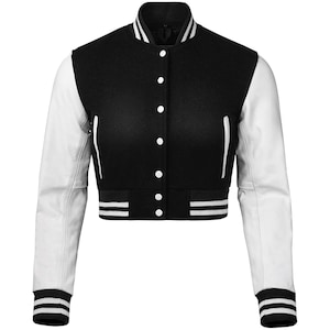 Women’s Cropped Varsity Jacket – Black Wool & White Leather Sleeves | Custom Letterman Bomber Jacket | Retro College Style Gift for Her