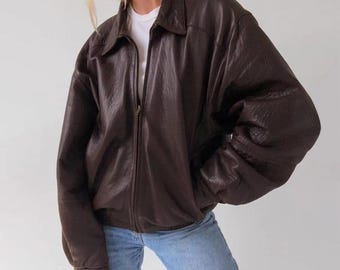 Chaqueta vintage de cuero marrón para mujer, abrigo bomber de piel de oveja auténtica de gran tamaño, estilo retro urbano.
