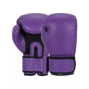 May include: A pair of purple boxing gloves. The gloves are made of a smooth material and feature a black mesh area on the palm side for ventilation. The wrist straps are black with a hook-and-loop closure.