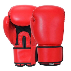 May include: A pair of bright red boxing gloves. The gloves are made of a smooth material with black mesh ventilation on the inside. The wrist straps have a hook and loop closure. The gloves are labeled "12 OZ".