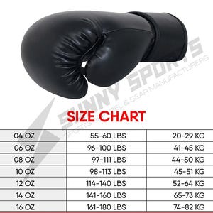 May include: A black boxing glove, angled slightly to the left, against a white background. The glove is made of a smooth material. A size chart is visible below the glove, listing sizes in ounces, pounds, and kilograms.