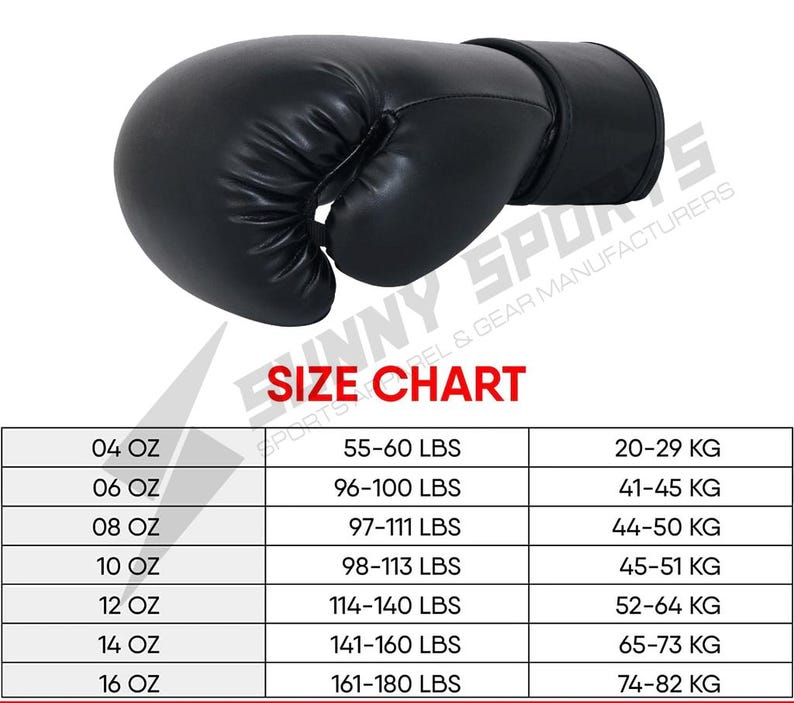 May include: A black boxing glove, angled slightly to the left, against a white background. The glove is made of a smooth material. A size chart is visible below the glove, listing sizes in ounces, pounds, and kilograms.