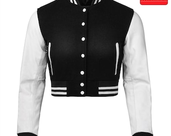 Women Varsity Letterman Cropped Jacket Black Wool White Cowhide Leather Sleeves