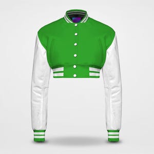 Green & White | Black Cropped Varsity Jacket for Women | Custom Letterman Bomber | Wool and Leather College Jacket