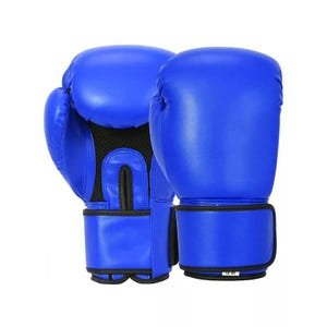 May include: A pair of vibrant blue boxing gloves. The gloves are made of a smooth material and feature a black wrist strap with a hook-and-loop closure. The gloves are designed for protection and performance during boxing or other combat sports.
