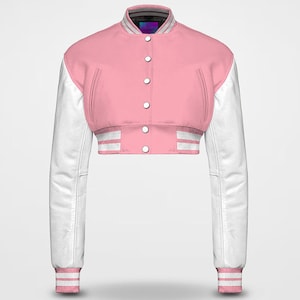 Cropped Letterman Jacket for Women – Baby Pink Wool & White | Black Leather | Custom Bomber College Varsity Style