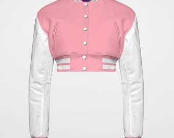 Cropped Letterman Jacket for Women – Baby Pink Wool & White | Black Leather | Custom Bomber College Varsity Style