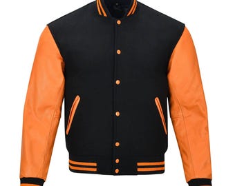 Svart och orange varsityjacka, blank Letterman-jacka i svart ullkropp och orange läderärmar - Letterman-jacka i ull