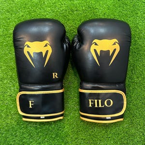 May include: A pair of black boxing gloves with gold accents. Each glove features a gold logo and the letters "R" and "F" on one glove and "FILO" on the other. The gloves are set against a green background.