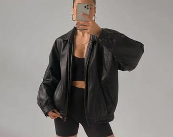 Jaqueta bomber de couro preta grande para mulheres, casaco de rua, moda casual para o dia a dia