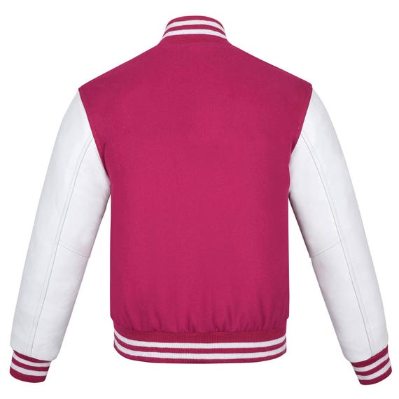 Pink and White Varsity Jacket Wool Body and Leather Arms