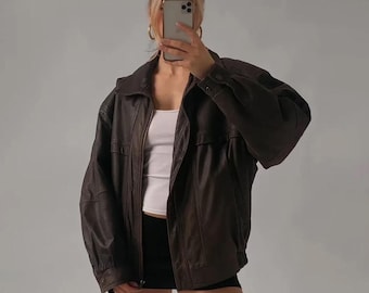 Jaqueta de couro marrom larga feminina, casaco grande de rua, casual, folgado